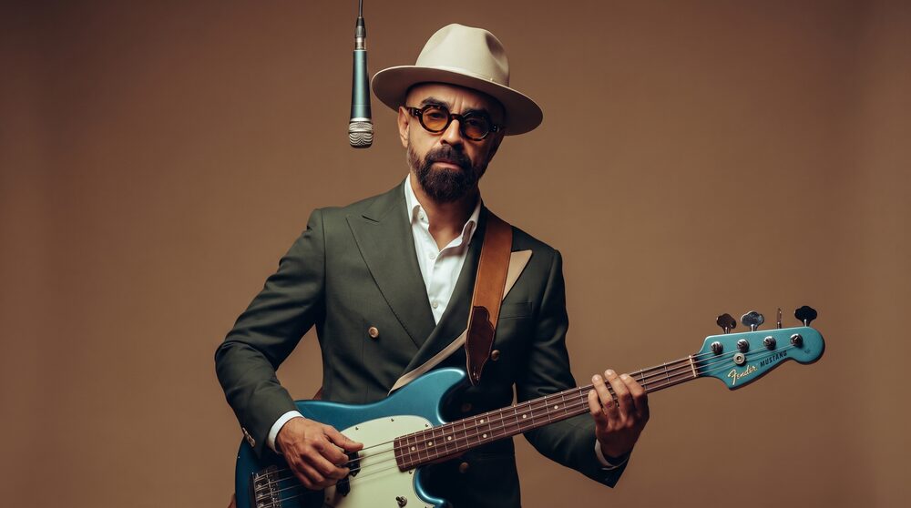 Mario Sandoval, cantante mexicano, sesión de estudio con guitarra